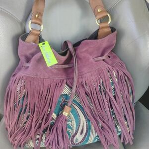 Suede Fringe Shoulder Bag - Purple and Teal